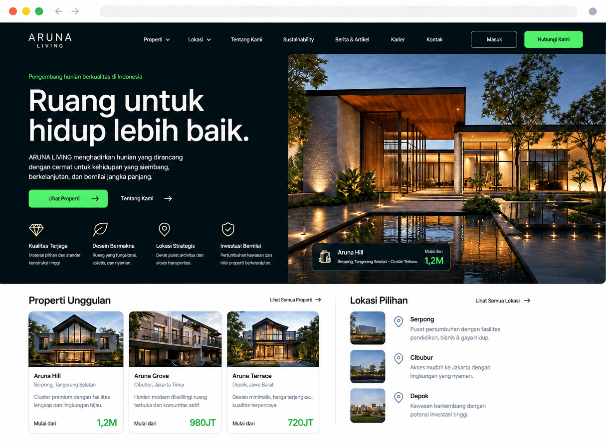 Contoh website Aruna Living